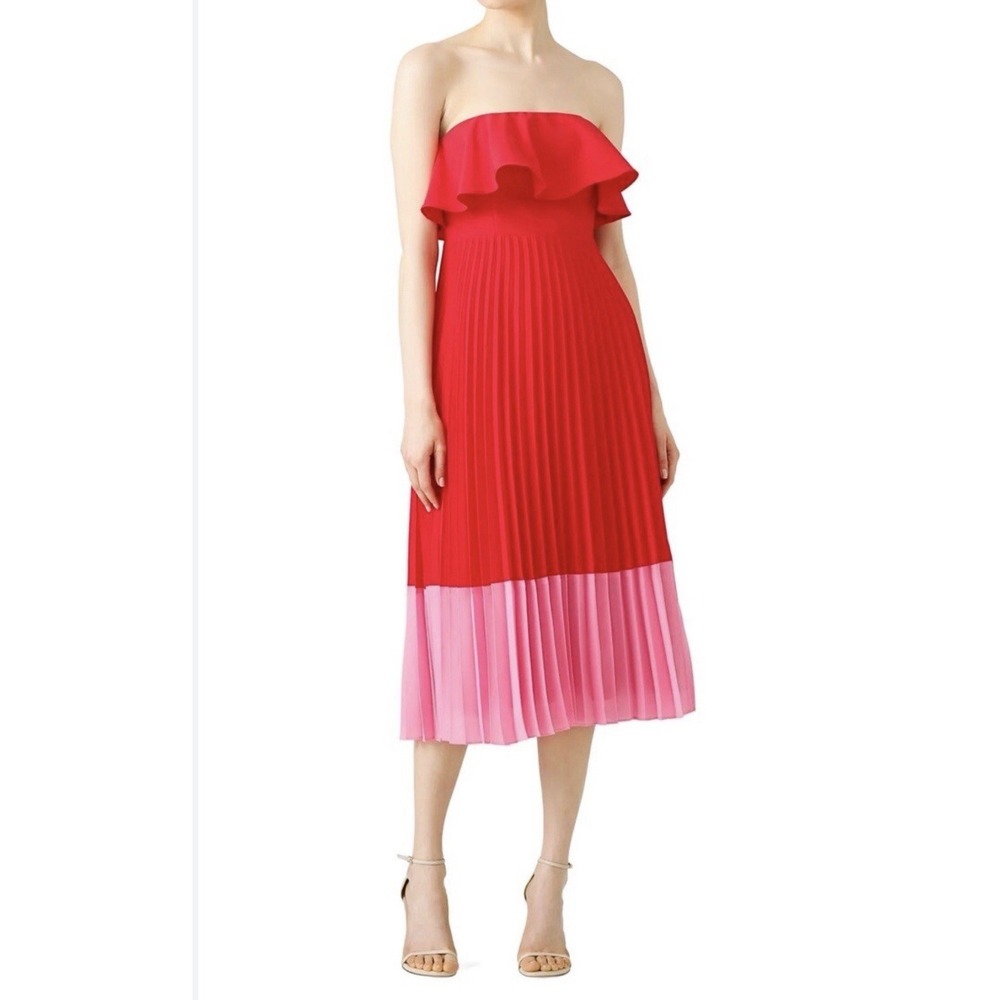 Aidan Mattox‎ Red Pink Pleated Strapless Chiffon Tea Dress 4 Gown Formal Party